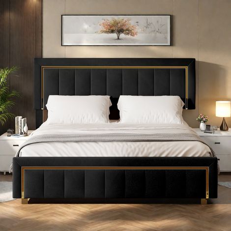 Cama tapizada 140x200cm, camas canapé, cama funcional hidráulica, cama doble, gran espacio de almacenaje, acabado franela, color negro