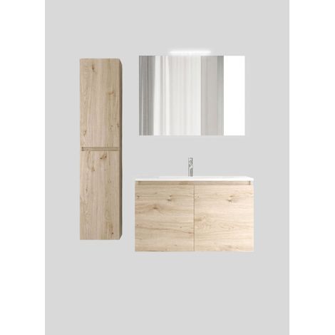 Mobile da Bagno Sospeso con Lavabo 60 cm e Specchio Bali Two Rovere Naturale (1/2)