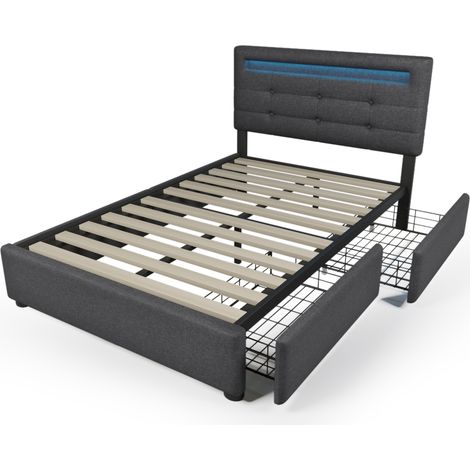 Cama tapizada gris 90x200 cm con LED, 2 cajones, cabecero regulable y colchón (1/5)