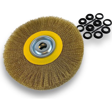 Brosse circulaire LAITON Ø 300 mm Epaisseur 3 rangs Fil dur 0.30 mm ondulé Alésage 32 mm + réducteur bague 25/22/20/16/12 mm Touret meuleuse affûteuse ponceuse Kibros 231303LT (1/5)