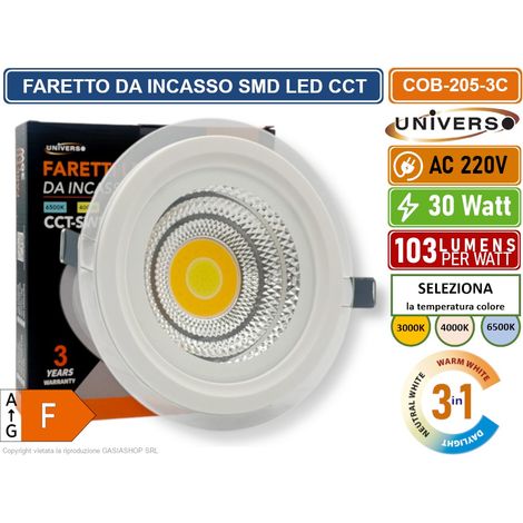 FARETTO COB LED DA INCASSO ROTONDO 30W COLORE BIANCO CCT SWITCH CON SELEZIONE TEMPERATURA DI LUCE 3000K - 4000K - 6500K (1/5)