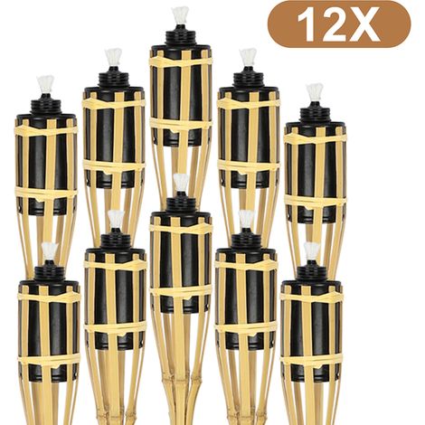Wolketon Torche de jardin en lot de 12, flambeaux en bambou, avec mèche, éclairage d'ambiance, hauteur : 90 cm, nature
