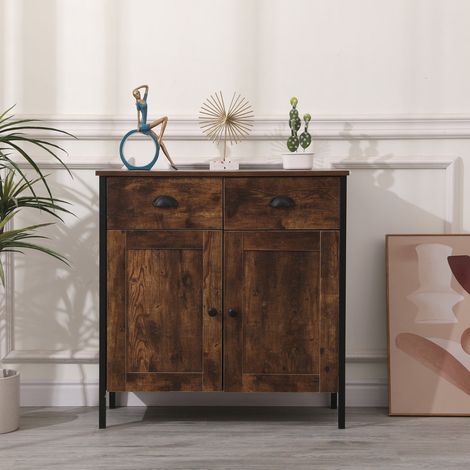 Retro Industrial Style Living Room Storage Cupboard with 2 Doors and 2 Drawers,Burning Wood Colour,79x35x81cm(WxDxH)