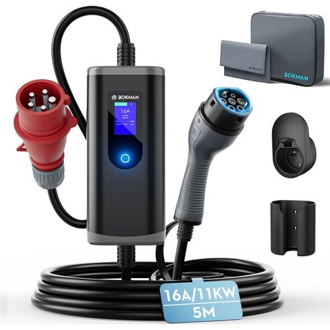 Chargeur Voiture Electrique Type 2- Prise CEE(5 Broches) Portable EV Chargeur Station de Charge Mobile/Wallbox Ajustable 6-16A 11kW 5 Mètre, Compatible avec BEV et PHEV
