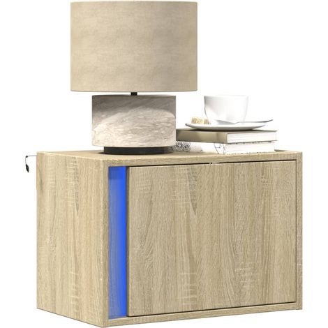 Wand-Nachttisch mit LED-Leuchten Sonoma-Eiche