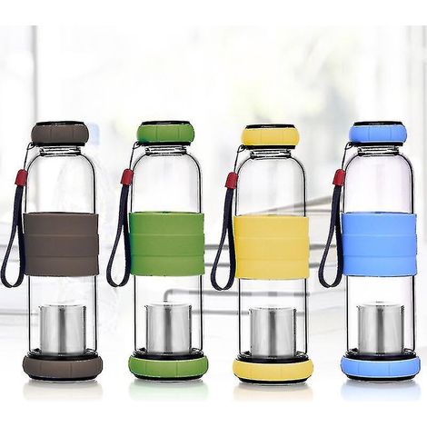 Glaswasserflasche mit Kürbisdeckel und integriertem Tee-Ei, Zwei-Wege-Kommunikation, Verbrennungsschutz, ideal für den Einsatz im Freien (grün).
