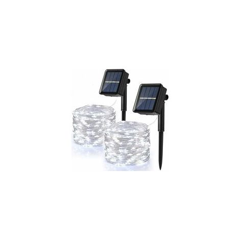 Lot de 2 guirlandes solaires extérieures 100 LED, 12 m, 8 modes, fil cuivre, blanc froid – (1/5)