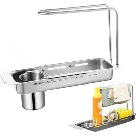 Ausziehbarer Spülbecken-Abtropfkorb – Ausziehbarer Edelstahl-Abtropfkorb – Verstellbarer Abtropfkorb mit Schwammhaken – Ausziehbarer Küchenaufbewahrungsbehälter – Silber (1/5)