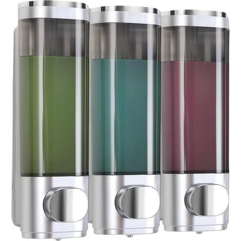 Ensemble de distributeur de savon mural en trois parties, sans perçage, adapté au shampoing, au gel douche, au savon liquide et à l'après-shampoing, argenté