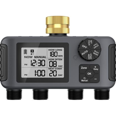 Programmateur d'Irrigation Intelligent 4 Voies avec Télécommande, Robinet Extérieur BSP 3/4", Contrôle Individuel, Fonction Pluie, pour Jardin et Terrasse, IPX5 (1/5)