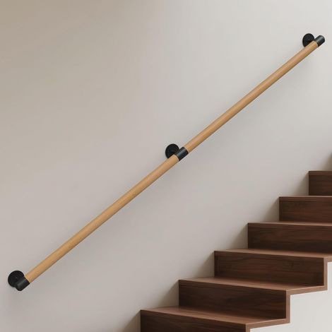 Main Courante en Bois, Rampe d'escalier Bois en Hêtre Ronde 3.5cm Poignée de Sécurité Barre d'escalier avec Support Intérieur Murale Balustrade pour Handicapée/Personnes âgées (Beech, 30cm) (1/5)