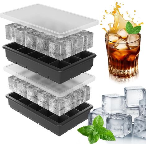 Lot de 2 Bacs à glaçons silicone, cubes 3,3cm, couvercle étanche, cocktails, whisky (1/5)