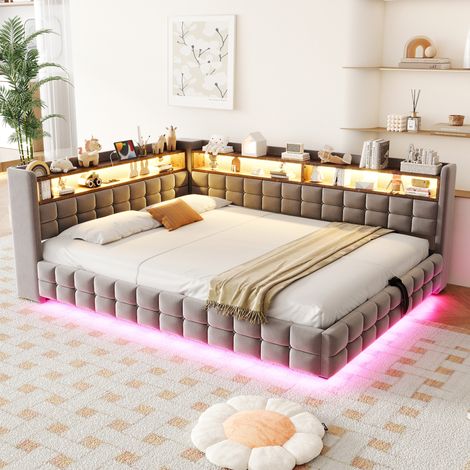 Lit/canapé-lit multifonctionnel capitonné 140 × 200 cm, avec rangement hydraulique, étagère en bois, bande lumineuse LED, prise électrique, ports de chargement USB et Type-C, sommier à lattes, revêtem (1/4)