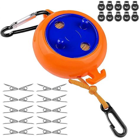 Étendoir à linge rétractable de 10 m avec 10 boucles fixes et 20 pinces coupe-vent, étendoir portable pour draps, idéal pour le jardin et les camping-cars. (1/4)