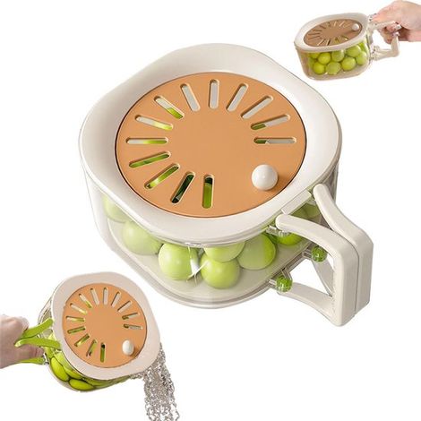 Bassine à fruits et légumes 2 en 1 avec panier égouttoir épais, égouttoir et panier de rangement amovibles, poignée et couvercle pliables dissimulés, couleur marron café. Idéale pour laver, égoutter e (1/5)