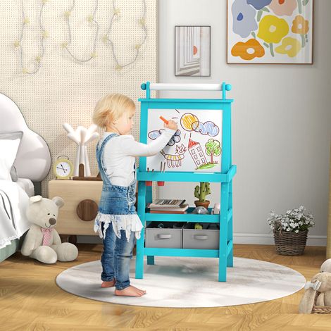 Tableau magnétique double Blanc Bleu face 3 en 1 rouleau papier paniers rangement enfant.