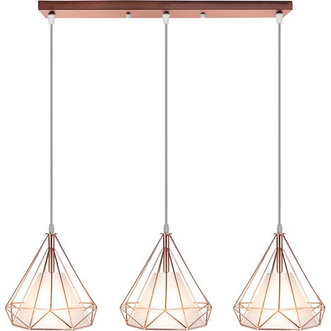 Pendelleuchte Vintage Roségold, Hängelampe Diamant Käfig E27 Rechteckig Basis für Esstisch Küche Wohnzimmer Cafét (3-Flammige)