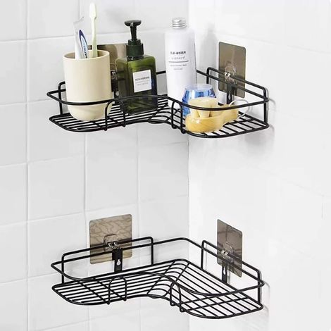 MINKUROW Mensola Angolare Da Bagno In Metallo Adesivo, Mensola Angolare Da Bagno, Mensola Angolare Da Bagno, Organizer Portaoggetti, Mensola Da Bagno/Mensole Angolari - 1 Set, Nero (1/5)