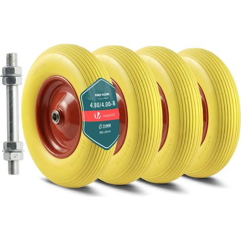 Lot de 4 Roue Increvable 4.80/4.00-8 en PU Roue de Brouette 392x92mm Alésage de 20 mm avec Axe Inclus et Roulements à Billes pour Diable Chariot et Remorque de Jardin Jaune (1/5)