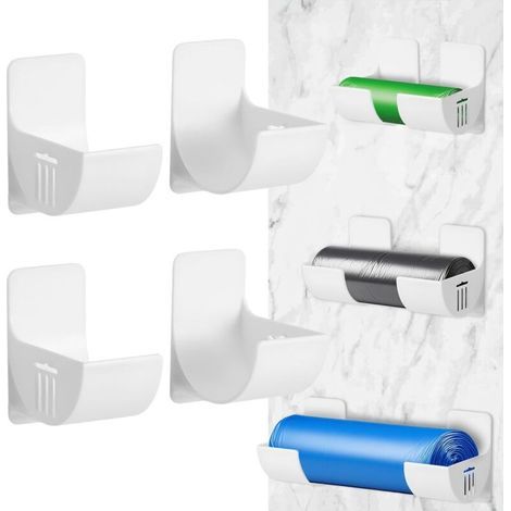 4 Pièces Upport Mural pour Sacs Poubelle, Film Alimentaire Support Rangement Porte,Distributeur pour Film Alimentaire et Papier Aluminium, Organisateur Adhésif de Cuisine, Blanc (1/5)