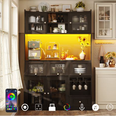 Armario de cocina 120x40x181.7 cm negro en MDF con iluminación LED, USB y amplio almacenaje (1/5)