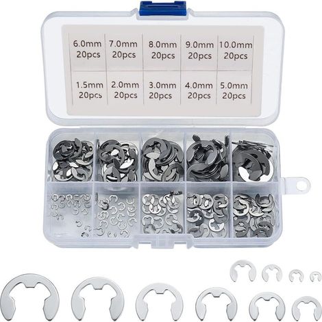 Anneaux élastiques externes en acier inoxydable 304. assortiment de 200 anneaux élastiques de 1.5/2/3/4/5/6/7/8/9/10 mm. usages divers. (1/5)