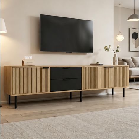 Meuble TV, meuble tele de salon et chambre 2 tiroirs 3 portes, gestion des câbles, 208x40x48 cm, bois naturel et noir (1/5)