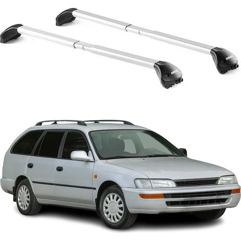 OMAC Barres de toit transversales certifiées TÜV pour Toyota Corolla mk7 Break 1992-1997 – Verrouillables (4 antivols) – Charge max 100 kg – Sangle inox + protection caoutchouc Argent (1/4)