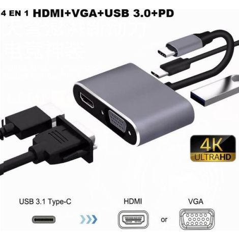 Hub USB C 4 En 1 - HDMI 4K VGA USB3 0 Type C - Pour Ordinateur Portable Et Bureau - 1 Pièce (1/4)