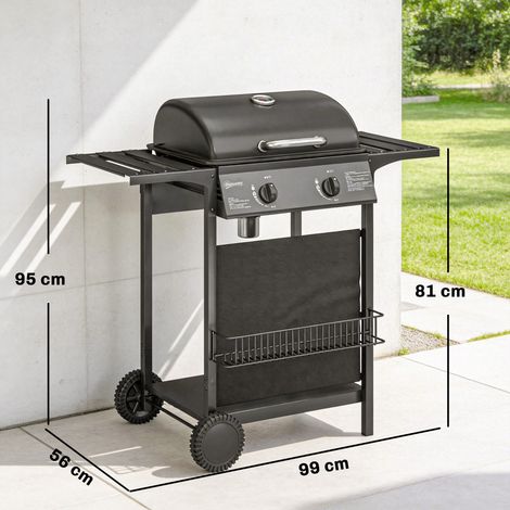 Barbecue à gaz 5 kW 2 brûleurs, chariot en acier inoxydable avec tablette latérale, panier inférieur, couvercle avant, thermomètre et grille émaillée. (1/5)