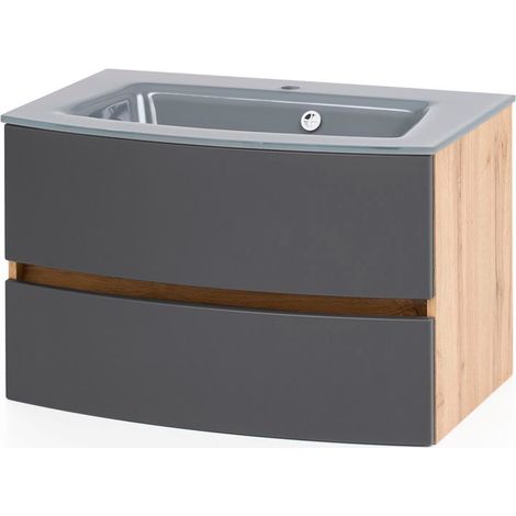 Waschtisch Badezimmer 80 cm Wotaneiche Nb. mit matt grau LAURIA-03 inkl. Glaswaschbecken grau, BxHxT: ca. 80x53x49 cm (1/5)