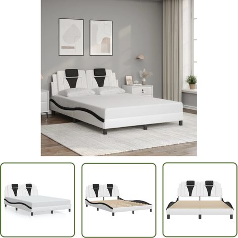 The Living Store Cadre de lit sans matelas blanc et noir 140x200 cm similicuir - Lit Plateforme - Lit Double - Cadre De Lit - Literie - Meuble De Chambre (1/5)