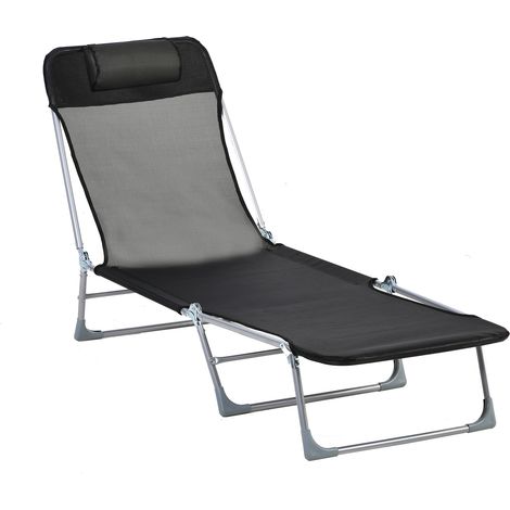 Sdraio da Giardino 182x56x28 cm Pieghevole con Schienale Reclinabile e Cuscino in Metallo e Texteline Nero (1/5)