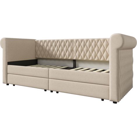 Lit rembourré avec tête de lit vintage, canapé-lit 90x200 cm, lit de jour avec 2 tiroirs de rangement, lit enfant/ado, cadre de lit en bois avec sommier à lattes, lin, beige (sans matelas)