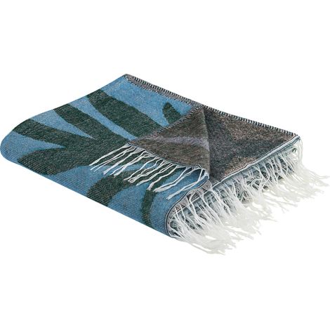 Manta de acrílico poliéster azul gris verde 130 x 170 cm animal flecos Limgha