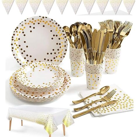 Blanc et Or Vaisselle de Fête Papier Set-Assiettes en Papier,Serviettes,Tasses,Nappe,Bannière Fête Mariages Baby Shower (1/5)
