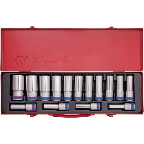 Coffret de douilles longues 1/2' – 15 pièces 6 pans métriques – Pour travaux mécaniques – Rangement pratique en métal – King Tony (1/3)
