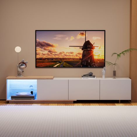 BLANKETSWARM - Meuble TV 240 cm avec éclairage LED – 3 Portes de Rangement - Espaces de Rangement Ouverts - Meuble TV moderne pour salon ou chambre – 240x39x44 cm, Blanc