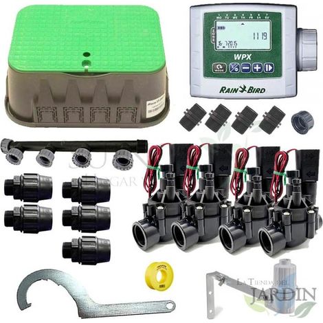 Kit Riego Automatico 4 zonas 9V Rain Bird para Tuberia 32mm Incluye Programador a Pilas, Electrovalvulas y Accesorios (1/3)