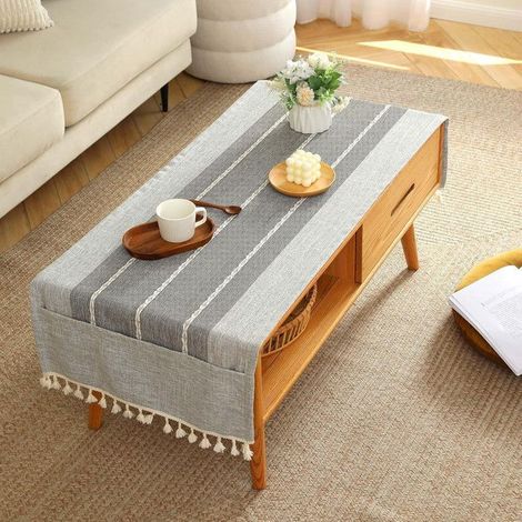 Nappe Coton et Lin,50160cm Poche Latérale de Rangement Nappe Rectangulaire Anti Tache Nappe Table Basse Nappe de Table,Gris (1/5)