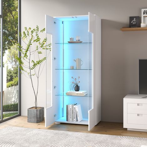 Vitrine haute LED pour salon – 2 portes acryliques, étagères verre trempé, MDF blanc, 70x40x173 cm (1/5)