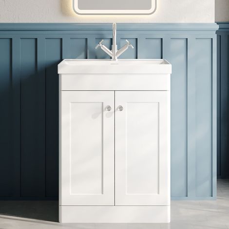 Nuie Classique Floor Standing 2-Door Vanity Unit with 1TH Thin-Edge Basin 600mm Wide - Satin White (1/5)