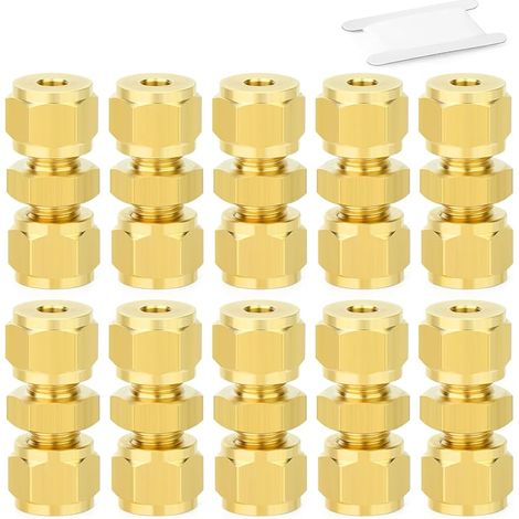 10 Pcs Raccord à compression en laiton, 4mm Raccord droit Union double, Connecteur à double bague pour tubes en cuivre, plastique et aluminium (1/4)