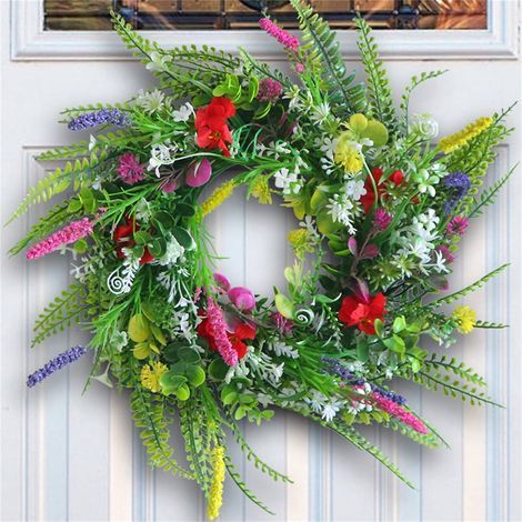 Künstlicher Blumenkranz – Rattanring mit künstlichen Frühlingsblumen – Dekoration für drinnen und draußen (Wand/Tür) – 45 cm (1/3)
