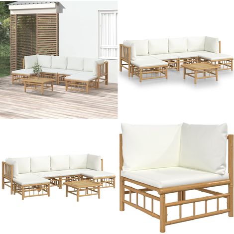 7-tlg. Garten-Lounge-Set mit Cremeweißen Kissen Bambus - Bambus Möbel - Gartenloungeset - Outdoor Möbel - Gartenmöbel - Esstisch - Home & Living (1/5)