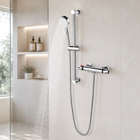 Thermostat-Duschsystem, Duschstange mit 5-Strahl-Handbrause, Messing und ABS, rundes Design, 63,5 cm, Chrom (1/5)