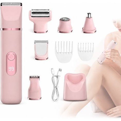 Rasoir électrique 5-en-1 – Rose – Humide/sec – Rechargeable USB – Visage, maillot, nez – Femme (1/5)