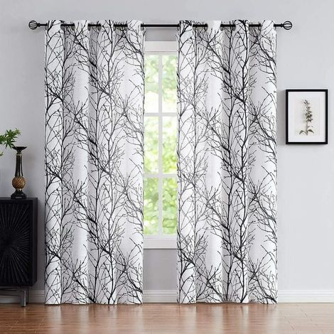 Rideaux — Voilages noirs et blancs — Adaptés au salon — Longueur 243 cm — Motif branches — Adaptés à la chambre (1/5)