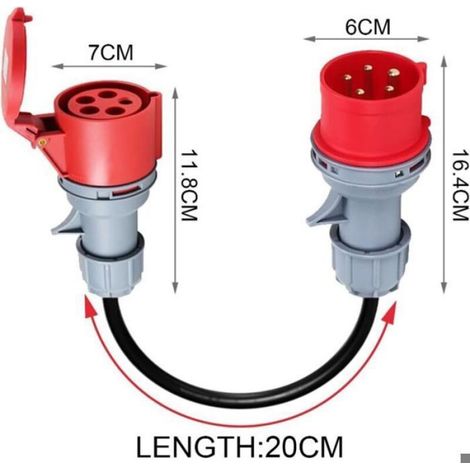 Adaptateur CEE 32A vers 16A – Certifié VDE IP44 – Pour camping, chantier – Rouge/Gris (1/4)
