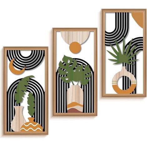 Set di 3 decorazioni murali in legno in stile bohémien, arte murale astratta moderna con motivi a foglie, per soggiorno, camera da letto, ingresso, galleria (30 x 15 x 0,5 cm) (1/5)